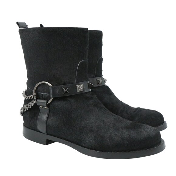 Le Silla Shoes - Le Silla Black Leather Studded Chains Pony Hair Biker Boots 38 US 8
